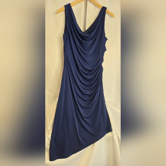 Sam Edelman Cowl Neck Ruched Jersey Midi Dress | Size LARGE Navy Blue - Picture 2 of 15